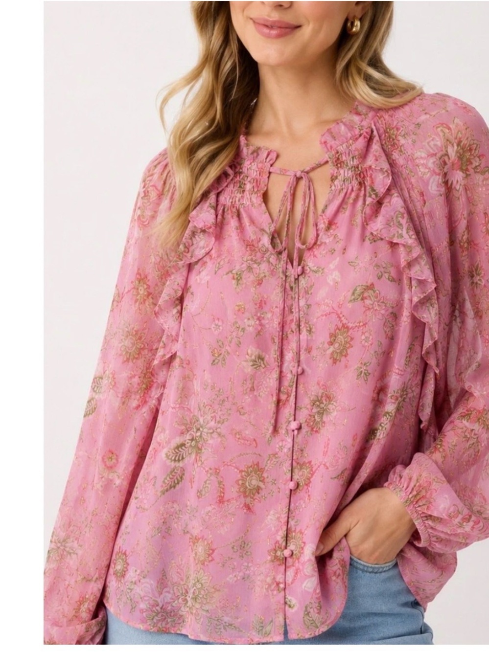 Haver and Blair Women's Pink Floral Ruffle Tie-Neck Blouse